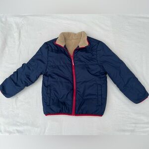 Reversible Sherpa Cozy Navy Blue Kids Puffer Jacket with Red Accents Sz 8